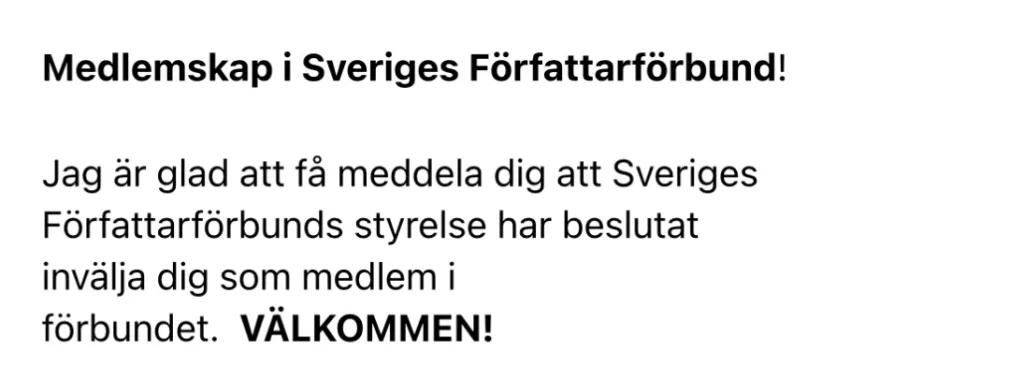 mejlet från Sveriges författarförbund, Malin Lundskog ,författarskap