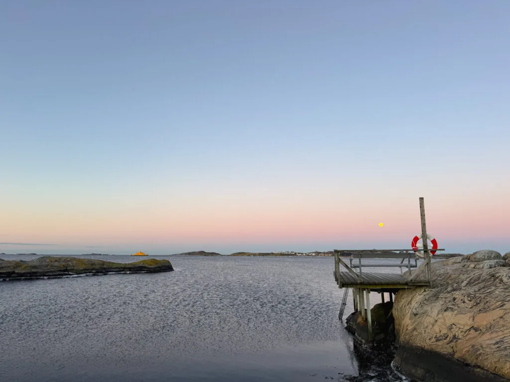 Det vackra värmer en kylig morgon, röddeviga, knippla, morgon, måne, färja