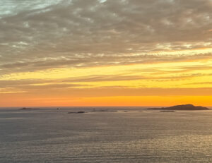 utsikt, solnedgång, orange himmel