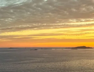 utsikt, solnedgång, orange himmel